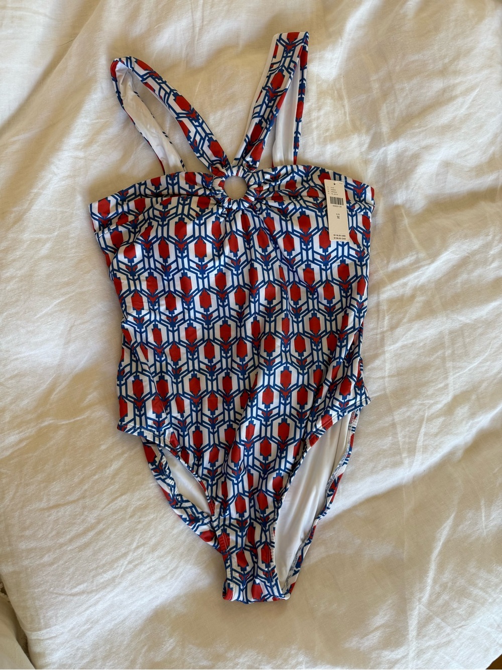 Anthropologie Red and Blue Geometric One-Piece Swimsuit with Ring Detail